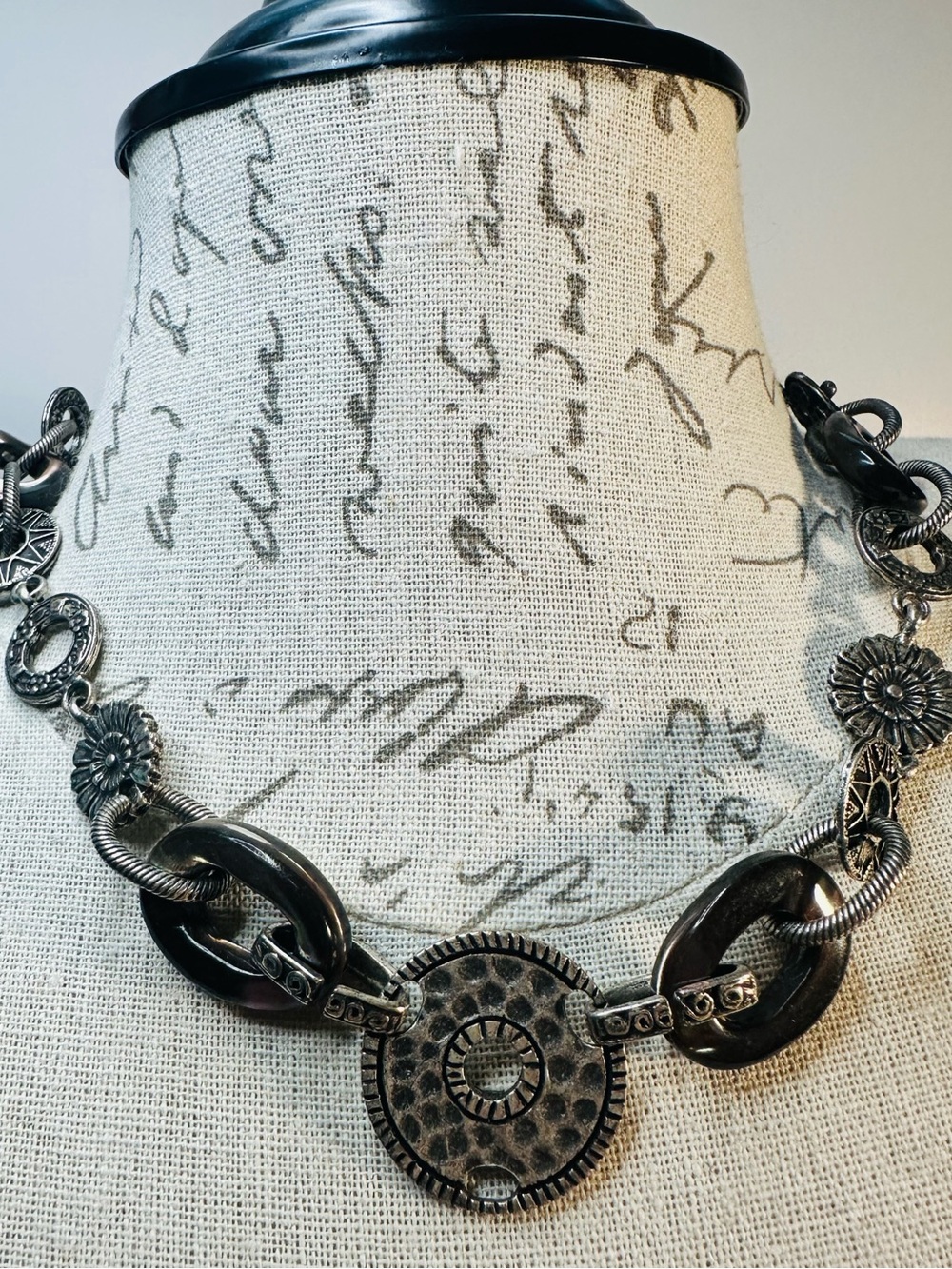 Chico's Gunmetal Floral Gear Link Necklace